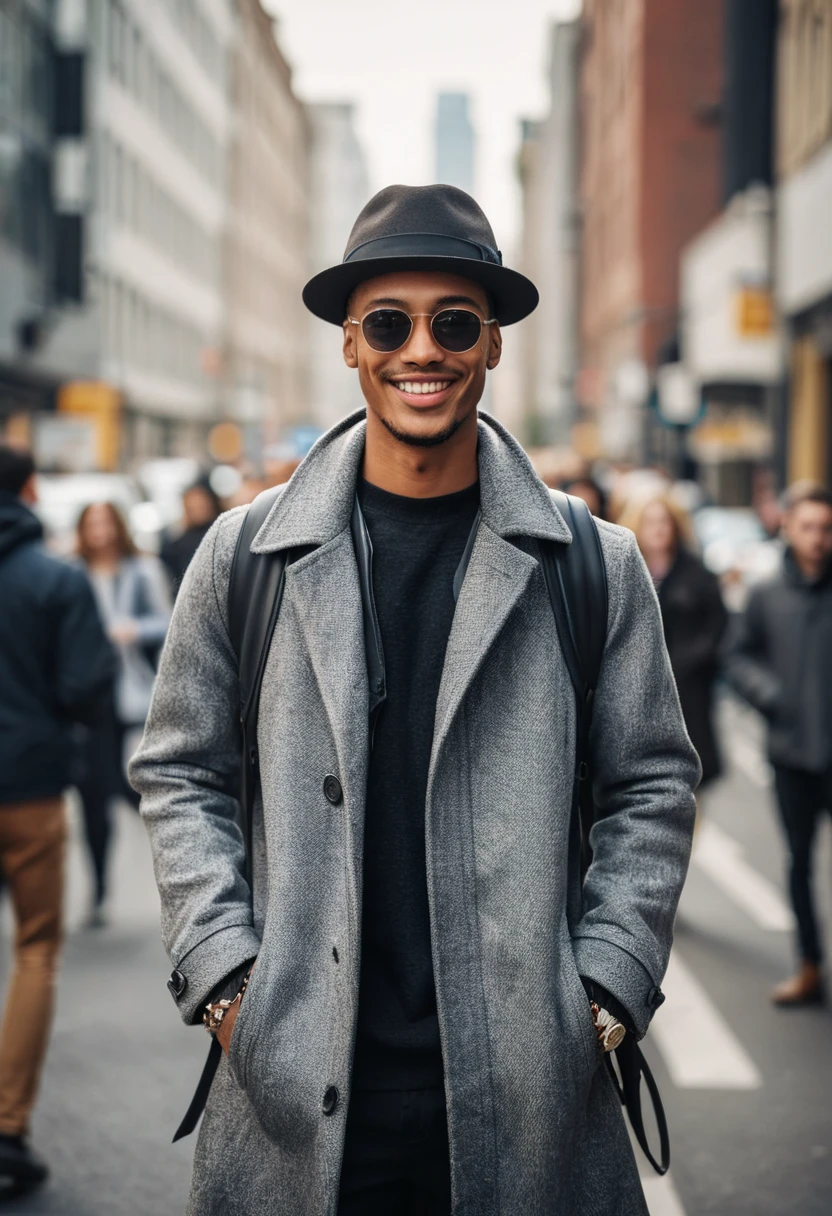 Confident young man on a busy city street