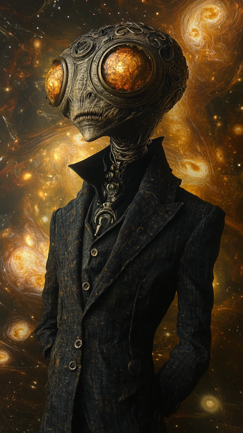 Humanoide steampunk grotesco em caos cósmico em espiral