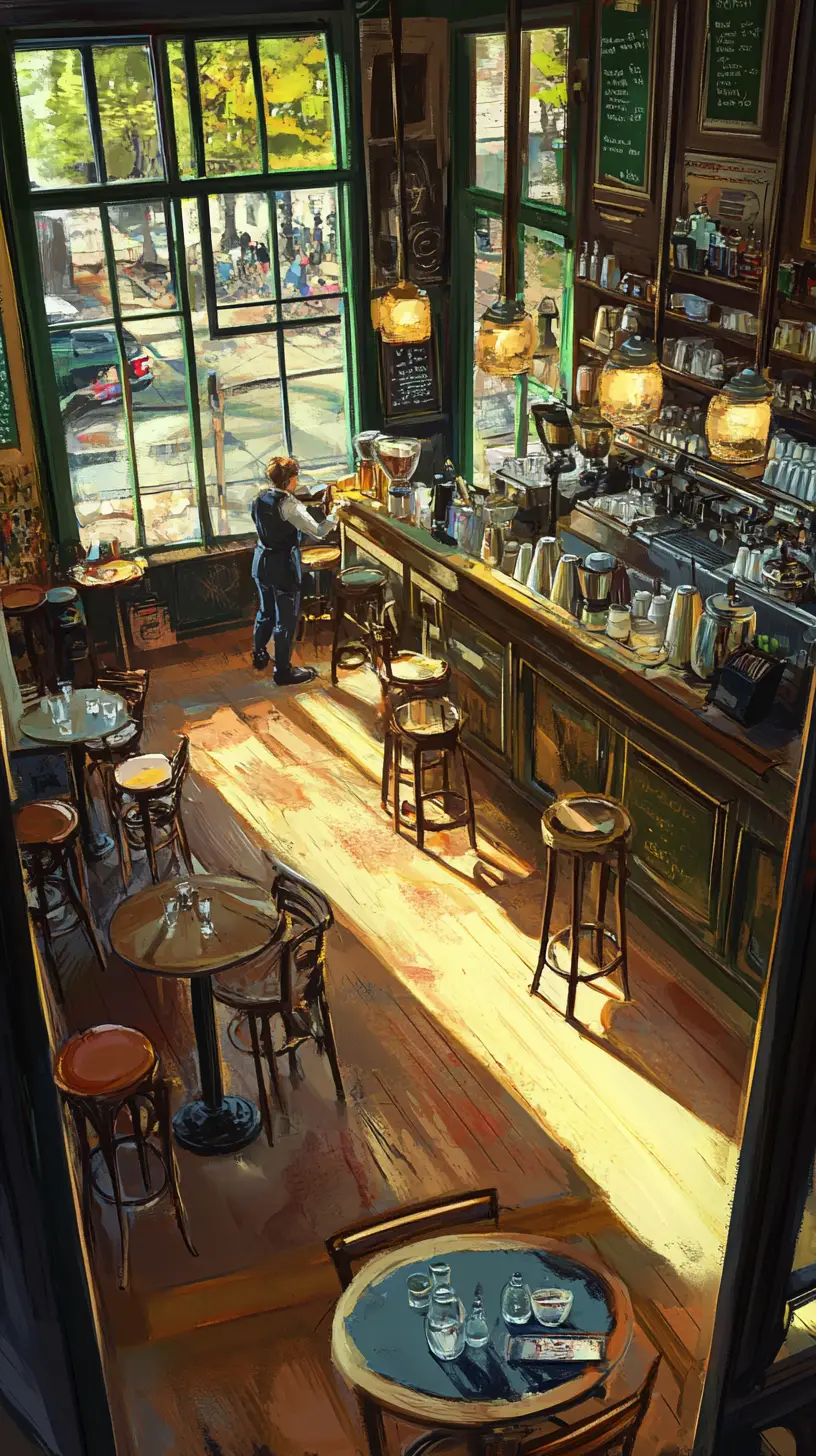 Quiet afternoon cafe with a lone barista and soft light