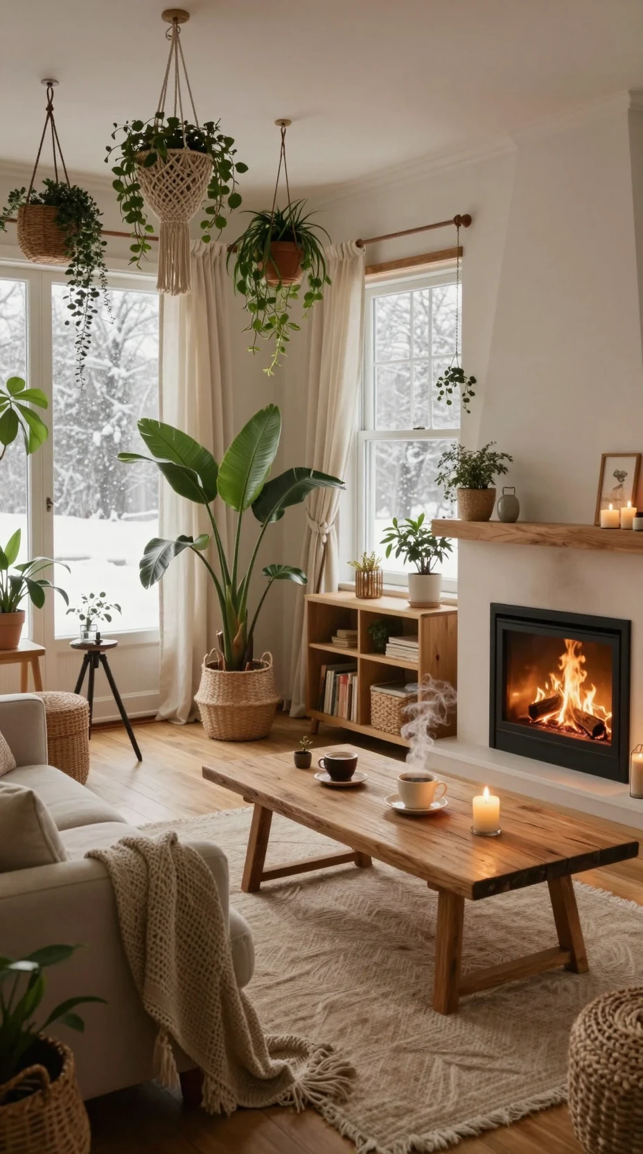 Gemütliches Boho-Wohnzimmer mit Kamin und winterlichem Tageslicht