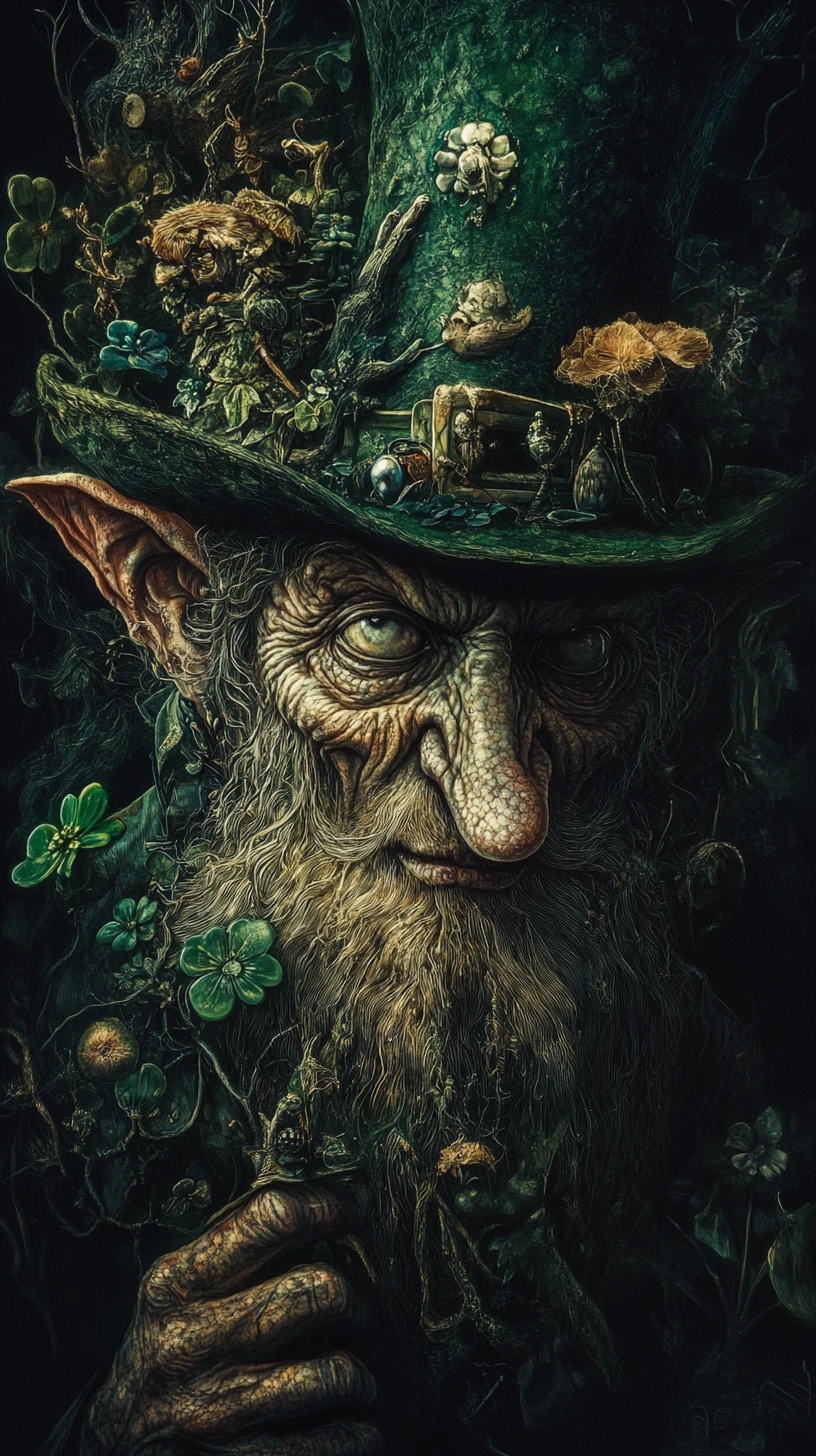 Leprechaun surreal em um cenário sombrio de fantasia de conto de fadas