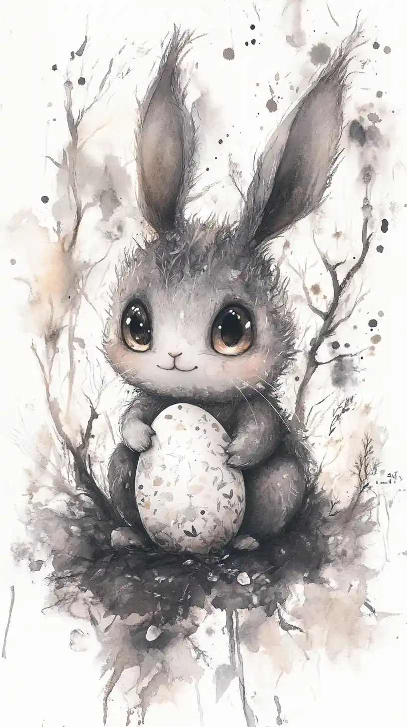 Coniglietto acquerellato fiabesco con uovo di Pasqua su sfondo bianco