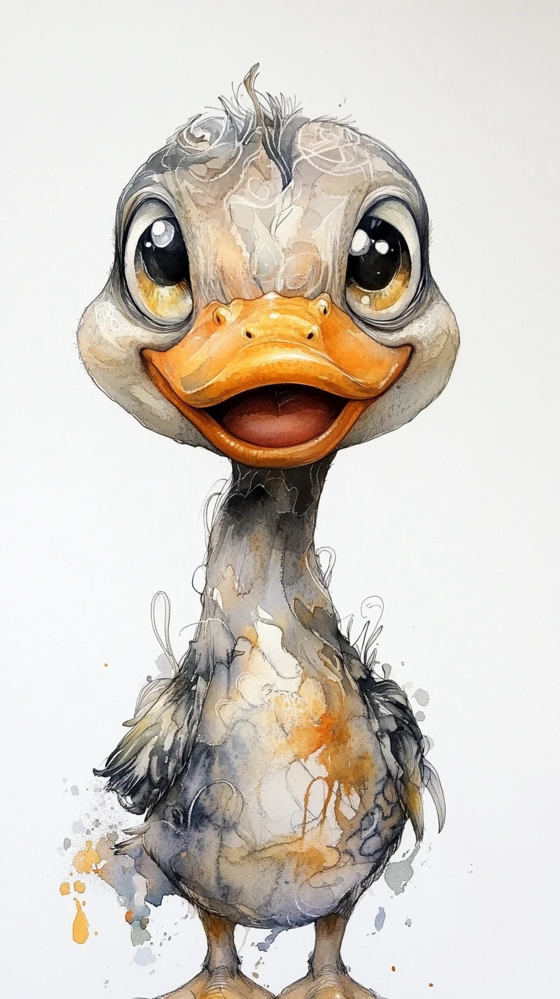 Träumiges Aquarell-Nahaufnahme eines winzigen lächelnden Entchens