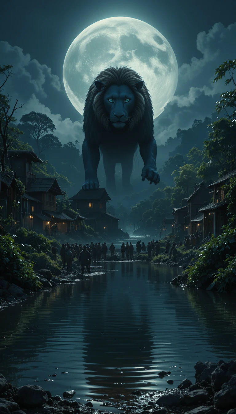 León majestuoso bajo la luna llena sobre un pueblo tranquilo