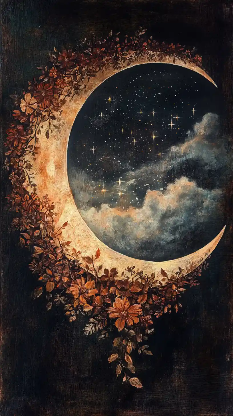 Mystical bear spirit crescent moon in celestial floral design
