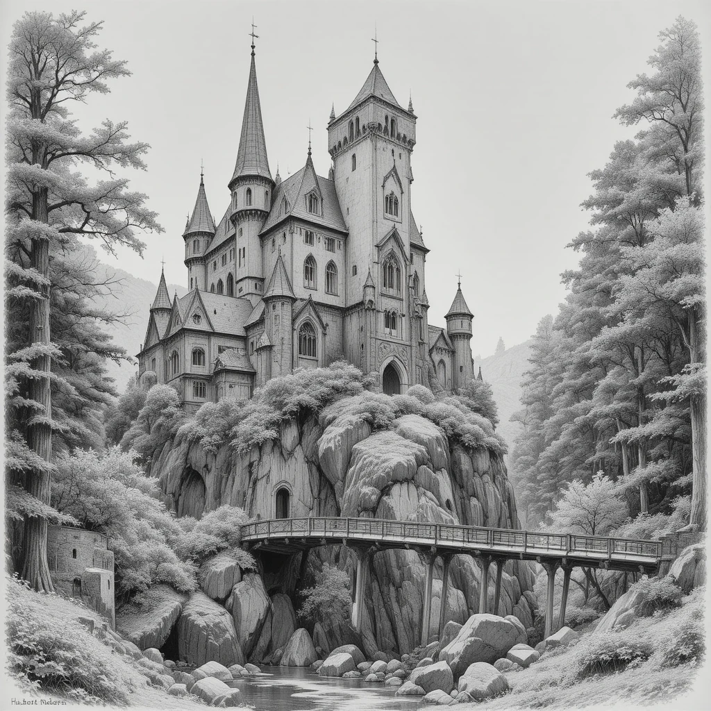 Château gothique en pierre au‑dessus d’un ruisseau et d’un pont forestier