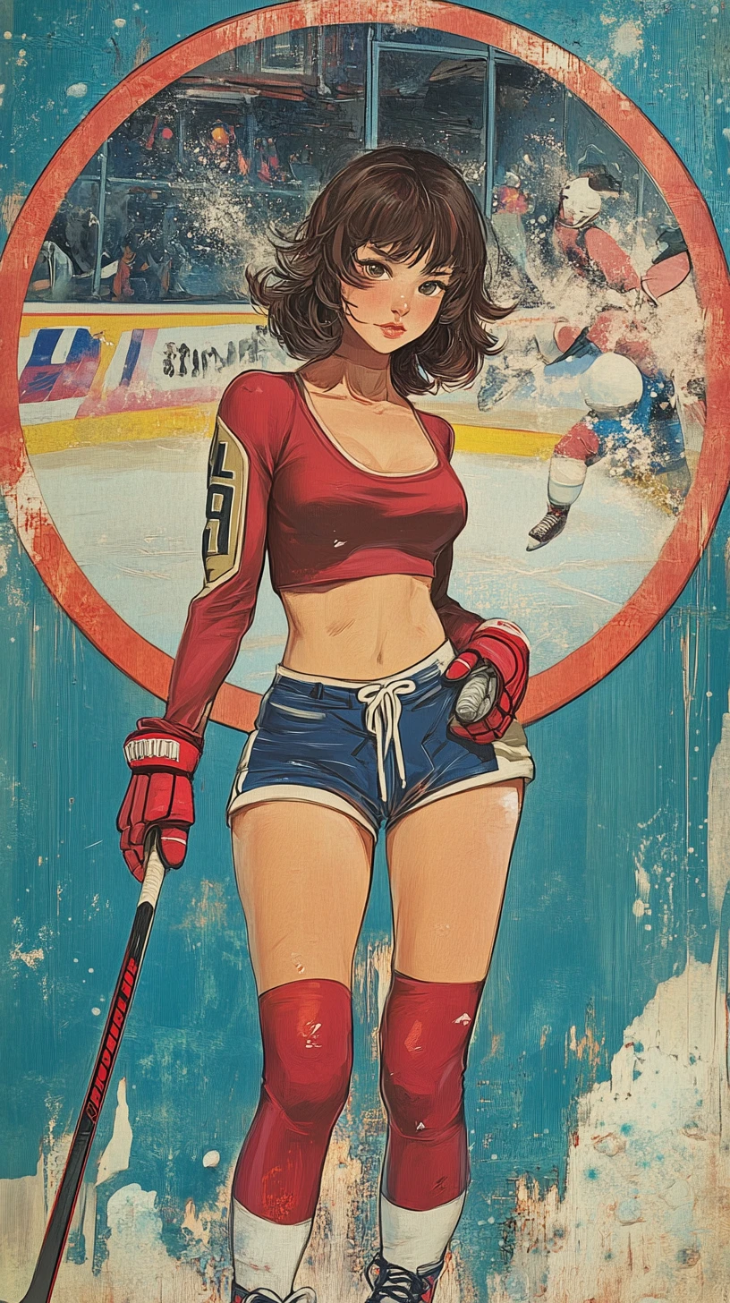 Jugadora de hockey dinámica en audaz estilo pop art soviético