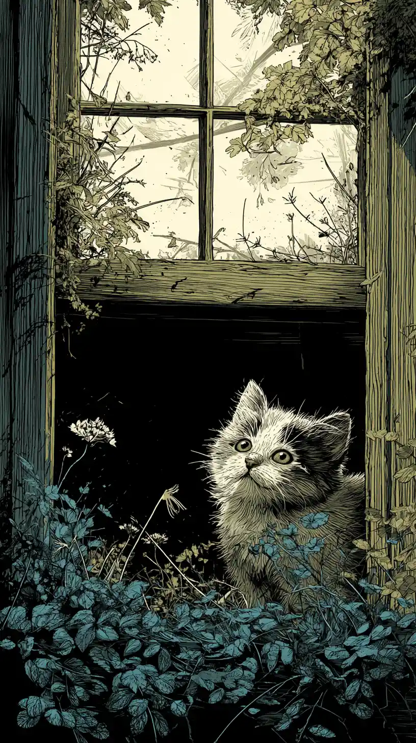 Curious kitten in sunlight inside an overgrown garden shed
