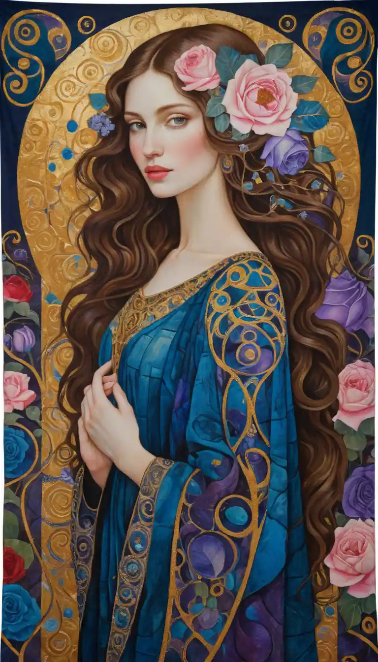 Mystical woman with floral hair amid ornate golden patterns