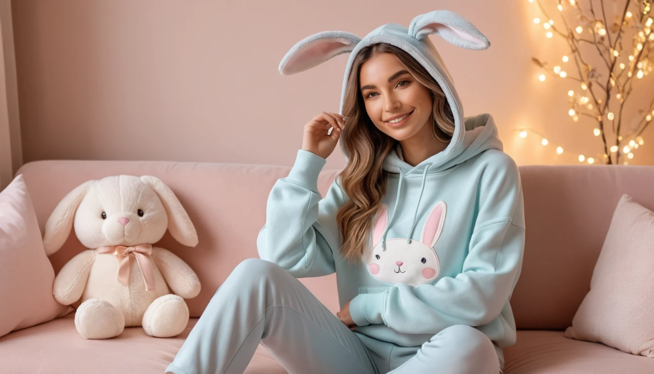 Cozy influencer girl relaxing in a softly lit pastel room