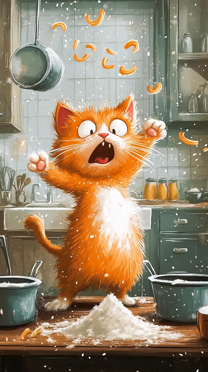 Playful cartoon cat causing chaos in a bright kitchen