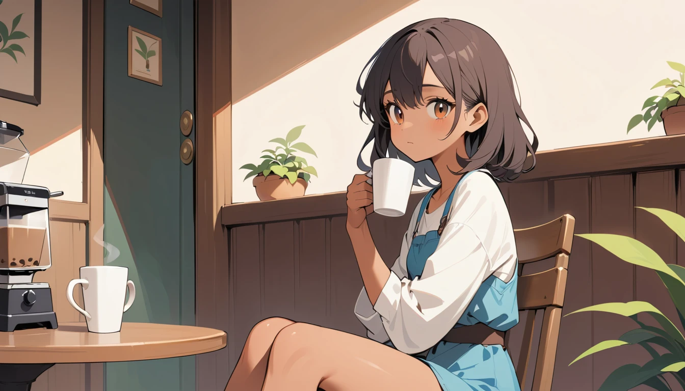 Girl sitting on a wooden chair holding a coffee cup