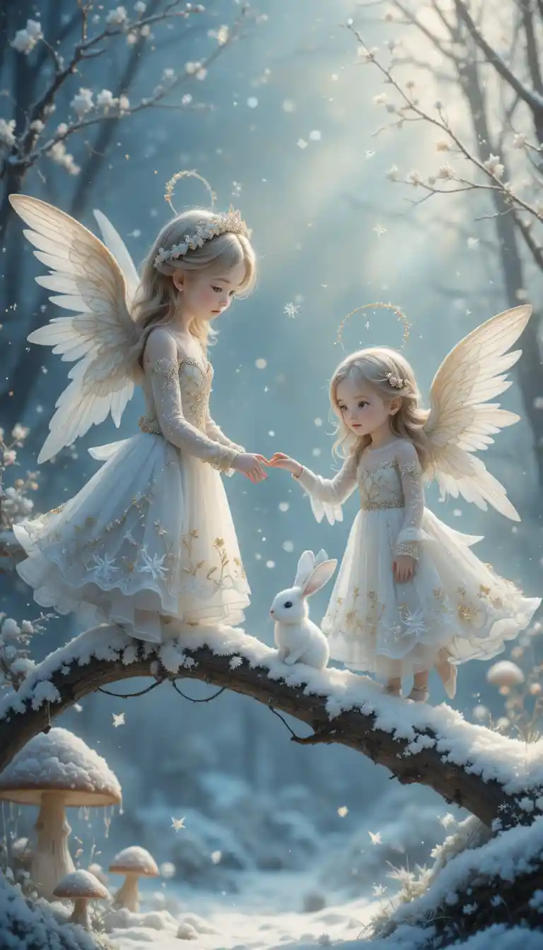 Angelic children with rabbit in a snowy winter wonderland