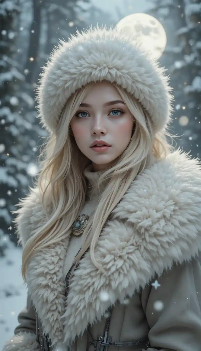 Chica rubia con abrigo de piel blanco en un bosque nevado a la luz de la luna