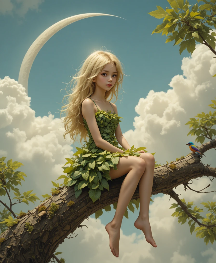 Cute girl on crescent moon in whimsical fantasy sky