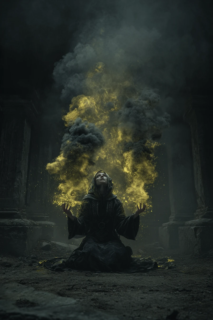 Brujo humano invocando energía en un cementerio abandonado