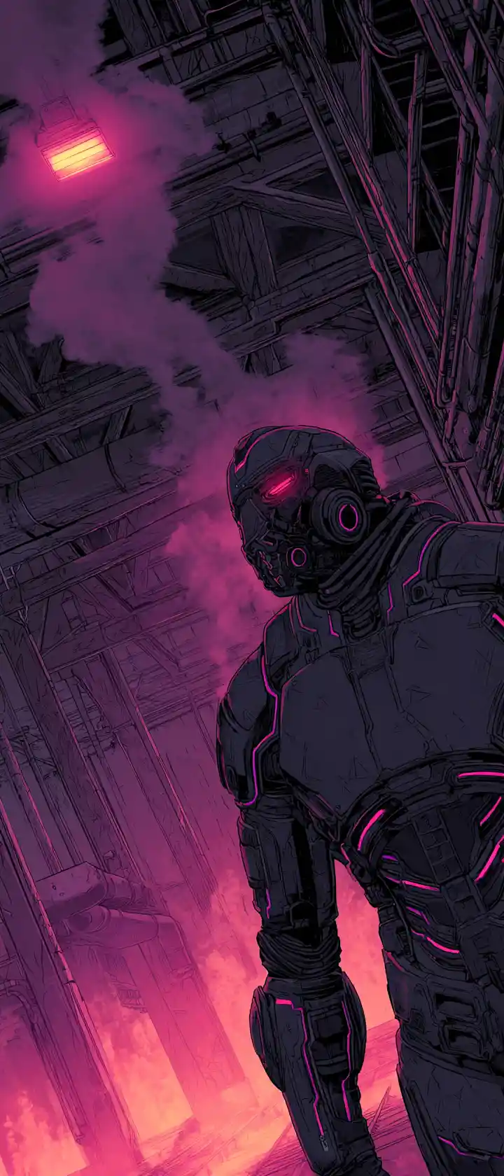 Masked cyber enforcer in neon lit abandoned factory hall