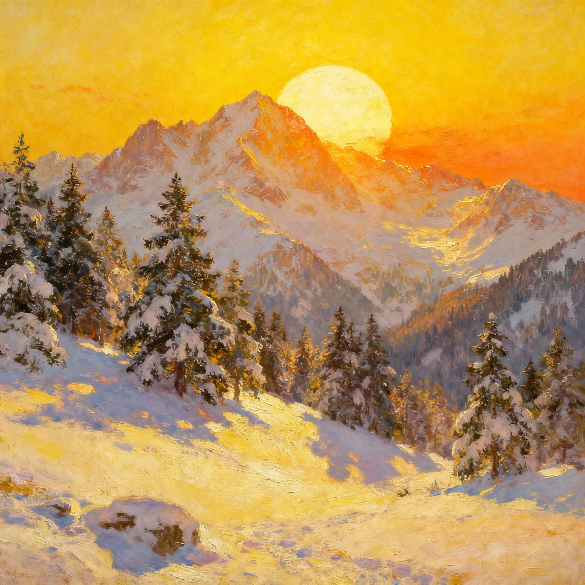 Sunrise over snowy Swiss mountains with glowing orange sky
