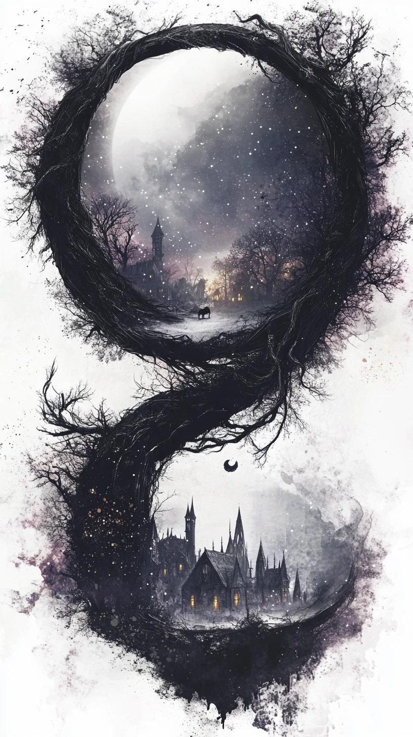 Surreal crescent world of branches beneath a glowing moon
