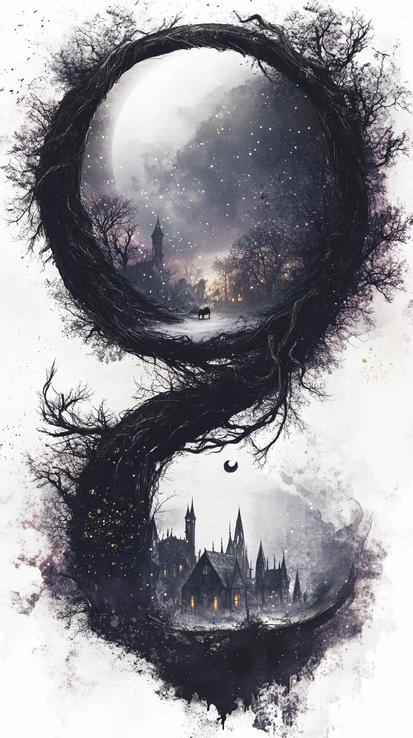 Surreal crescent world of branches beneath a glowing moon