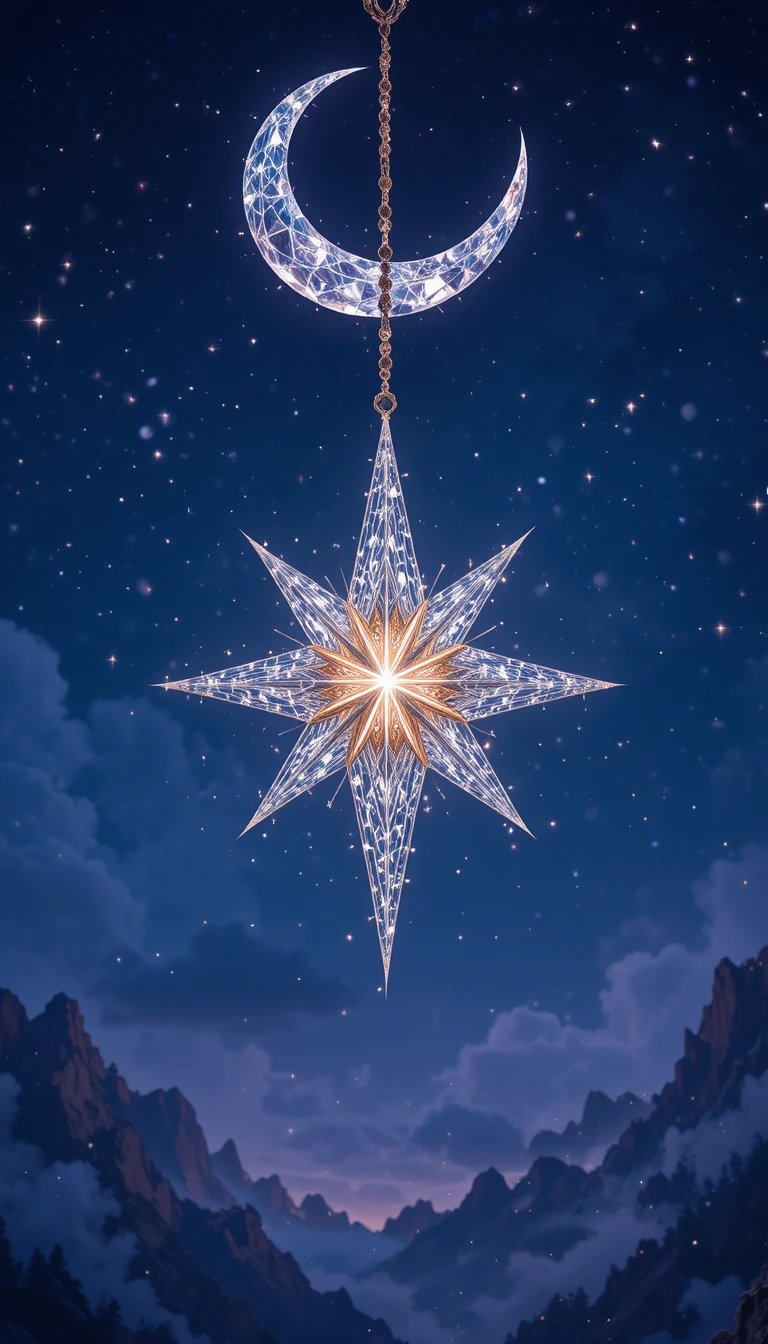 夜の三日月から吊り下がる多角形の星