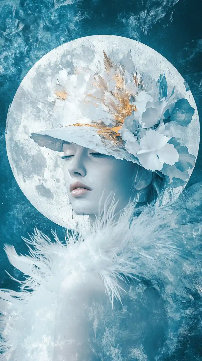 Surreal feathered figure with umbrella before glowing moon