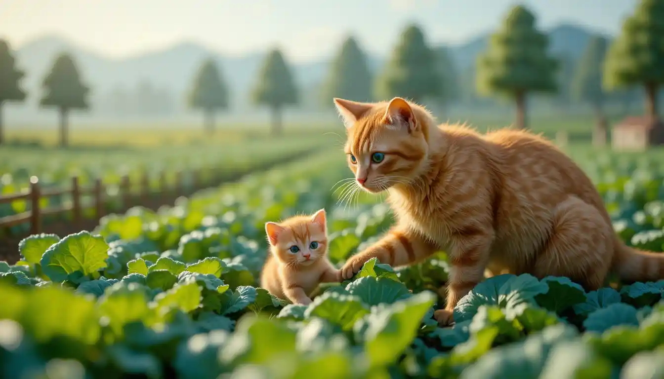 Gatos atigrados naranjas explorando un diminuto campo de coles