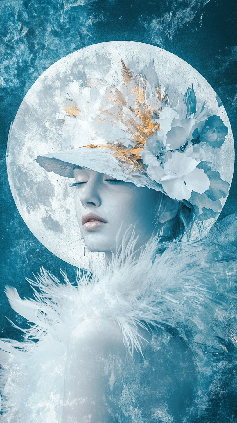 Surreal feathered figure with umbrella before glowing moon