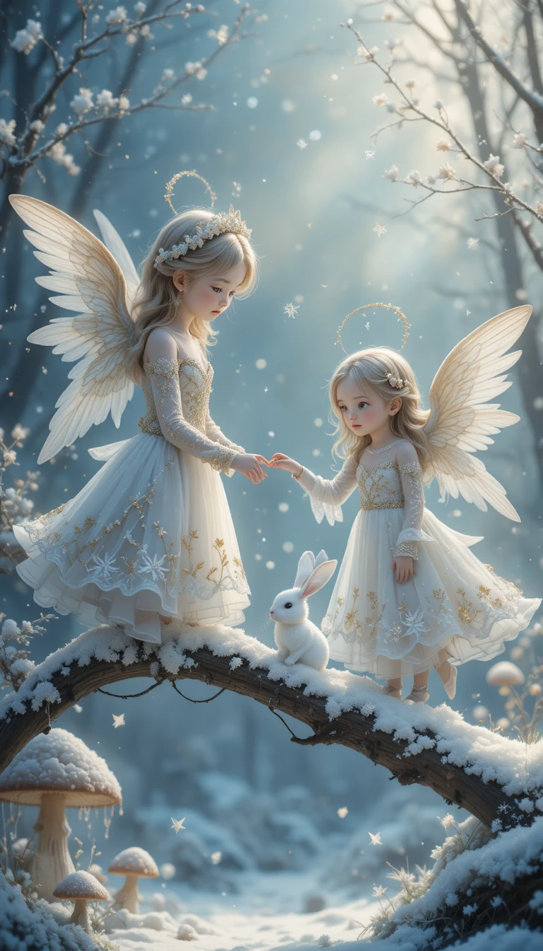 Angelic children with rabbit in a snowy winter wonderland