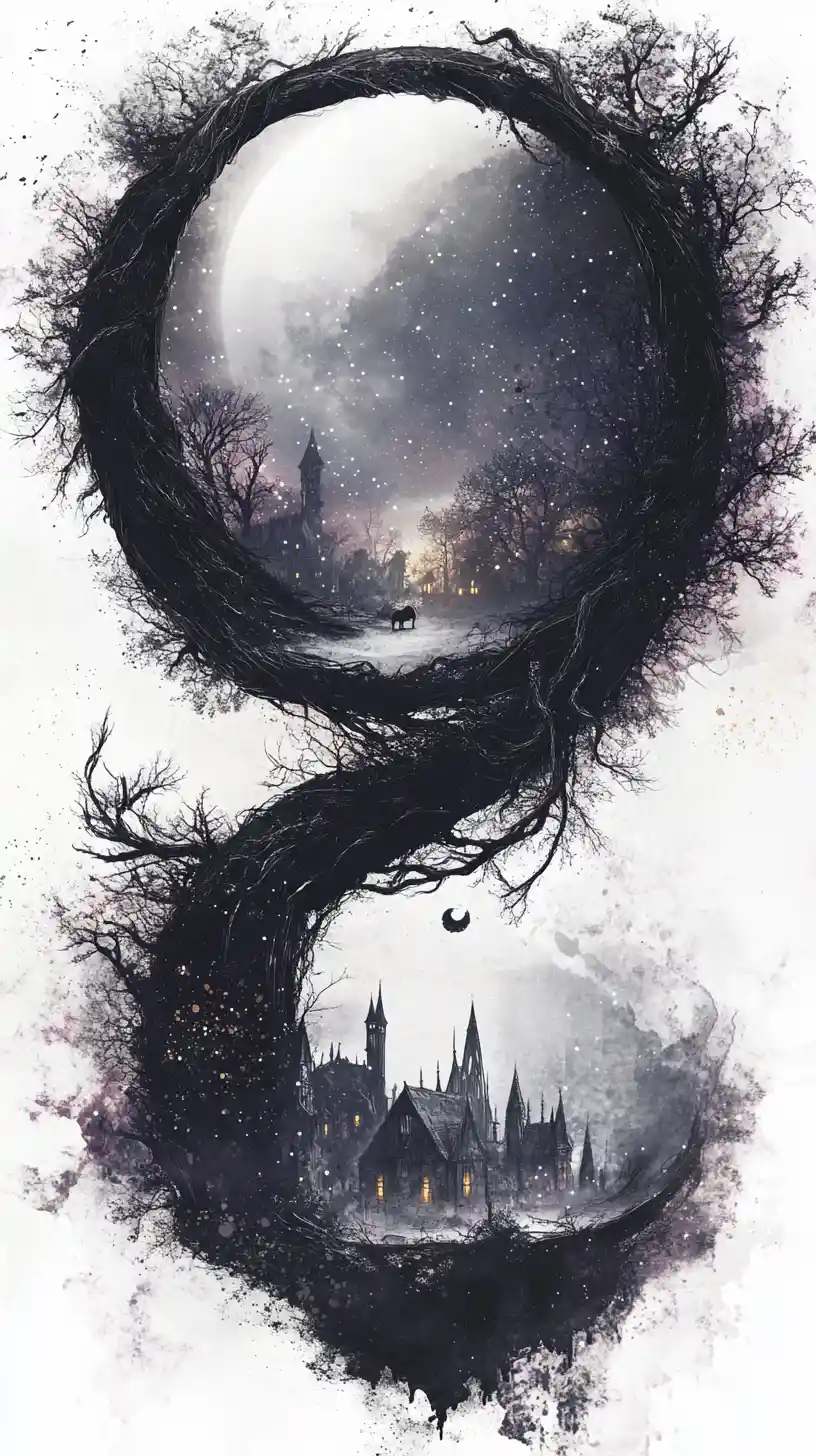 Surreal crescent world of branches beneath a glowing moon