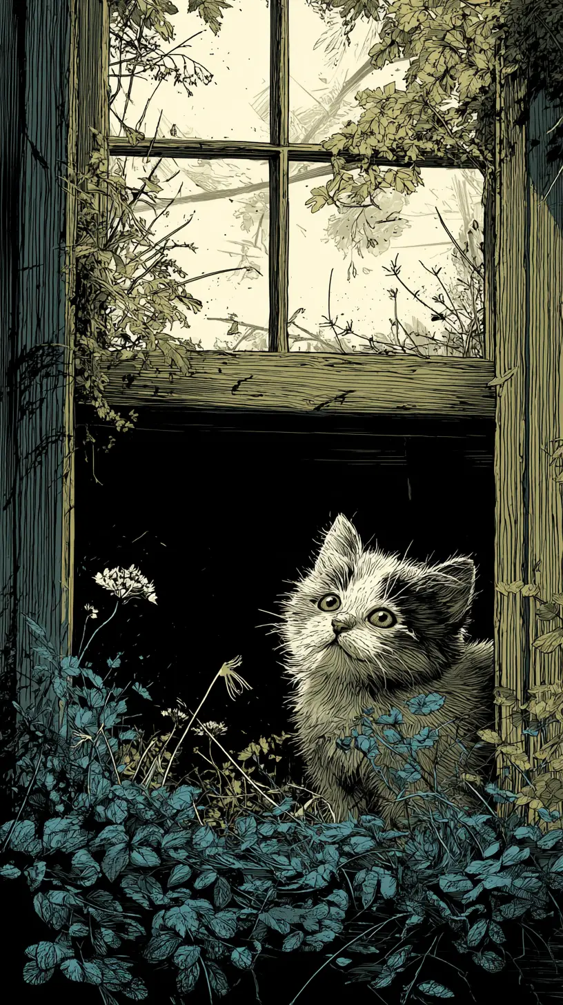Curious kitten in sunlight inside an overgrown garden shed
