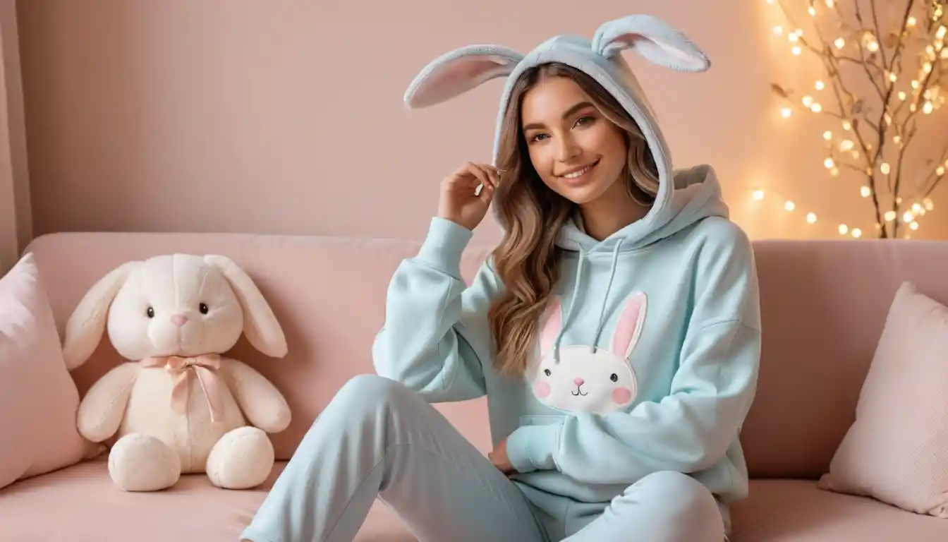 Ragazza influencer coccola e rilassata in una stanza pastello illuminata dolcemente