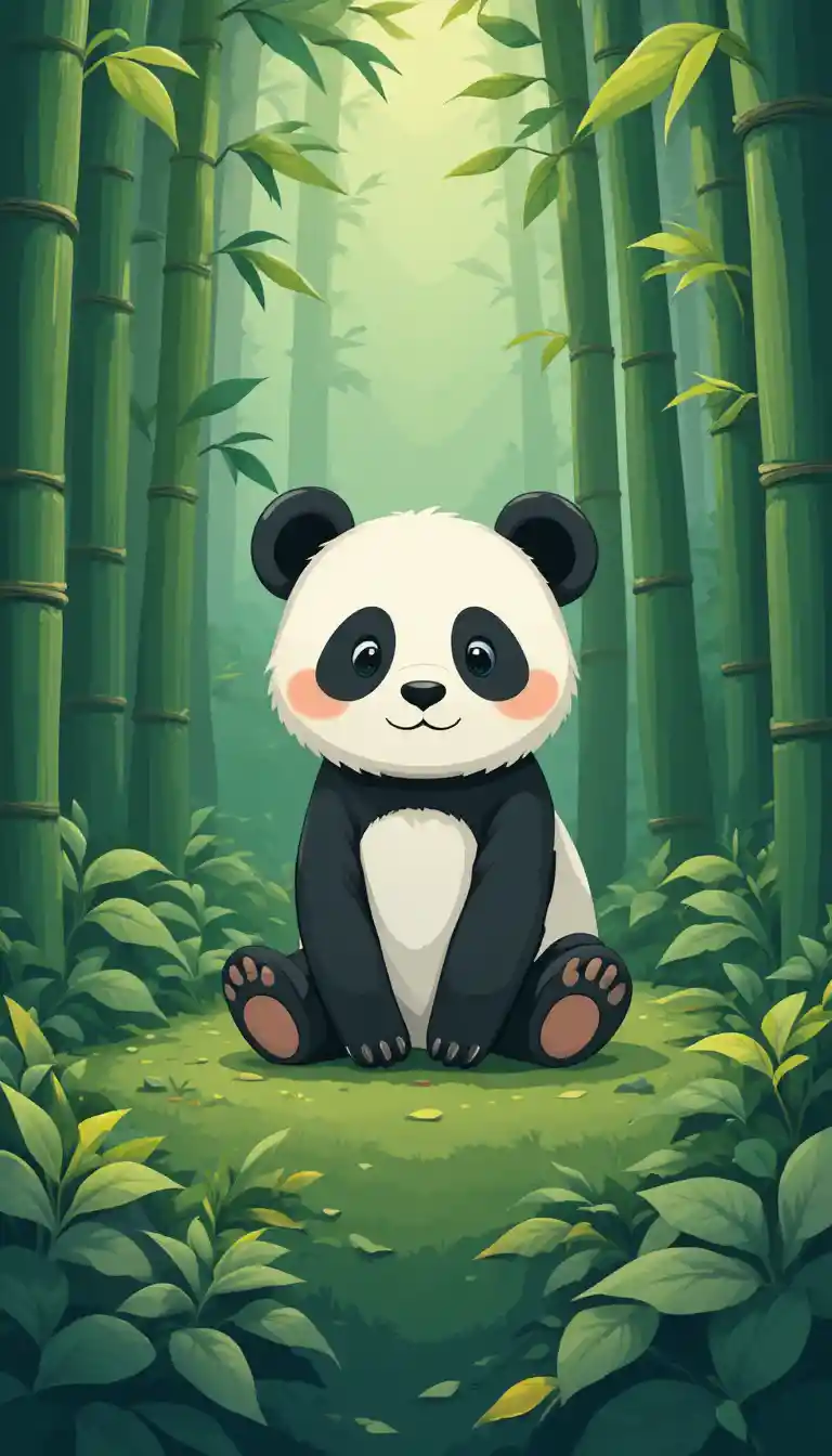 Niedlicher Panda sitzt ruhig in einem hellen Bambuswald