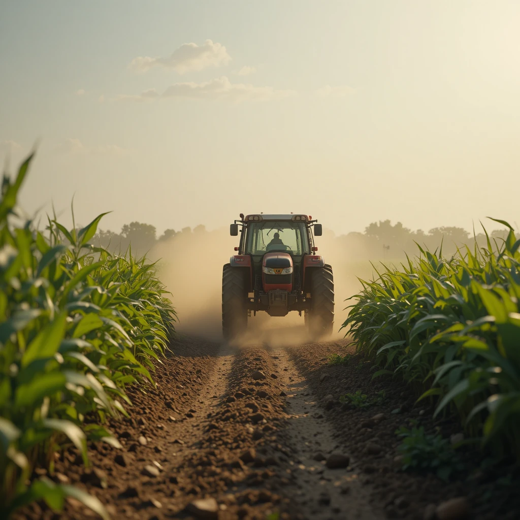 Cinematic tractor driving through green Indian farm field