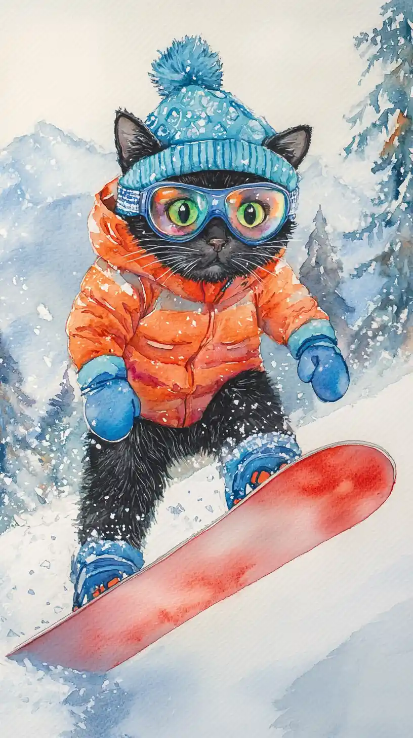 Gatto nero che fa snowboard giù per un pendio di montagna innevato