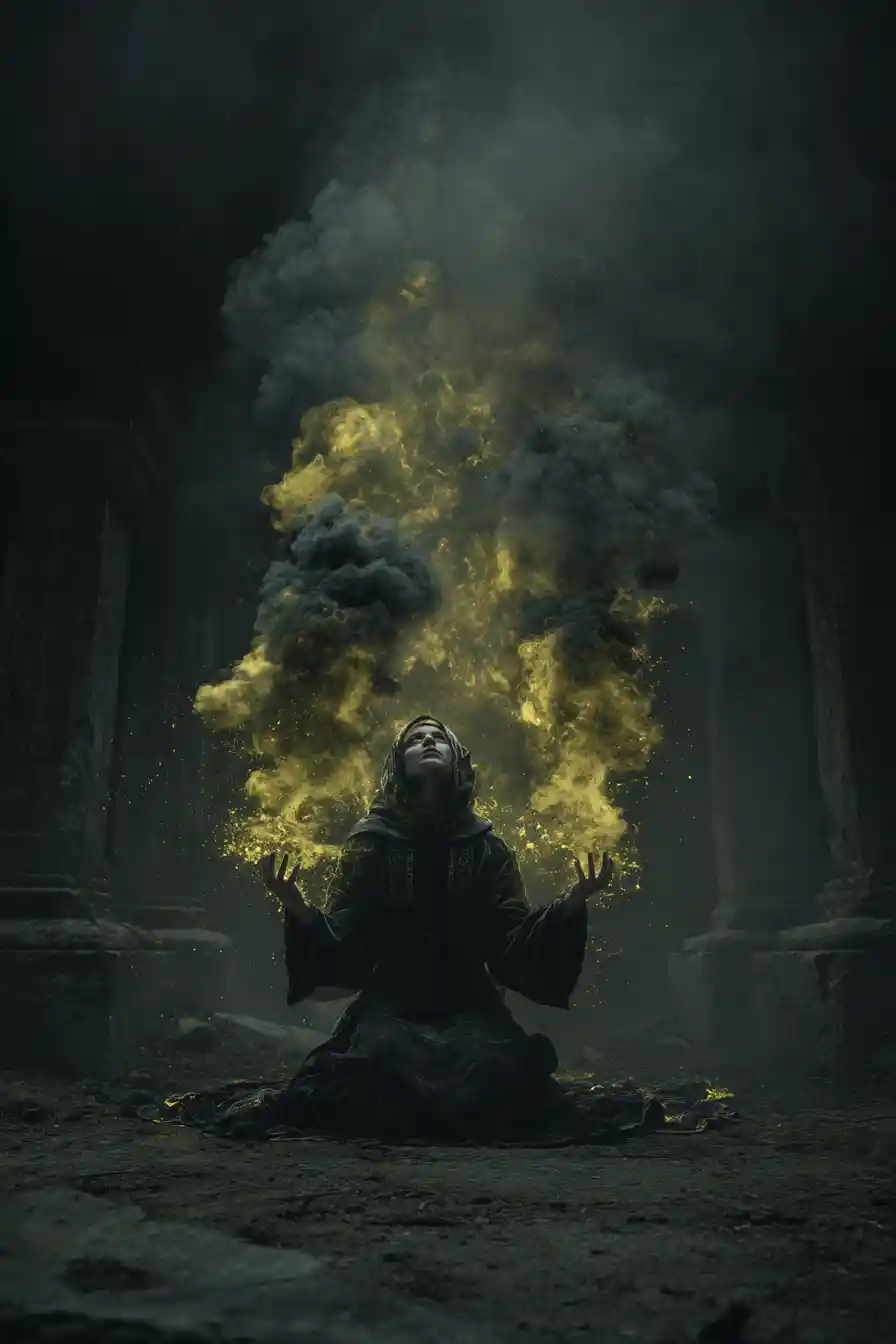 Brujo humano invocando energía en un cementerio abandonado
