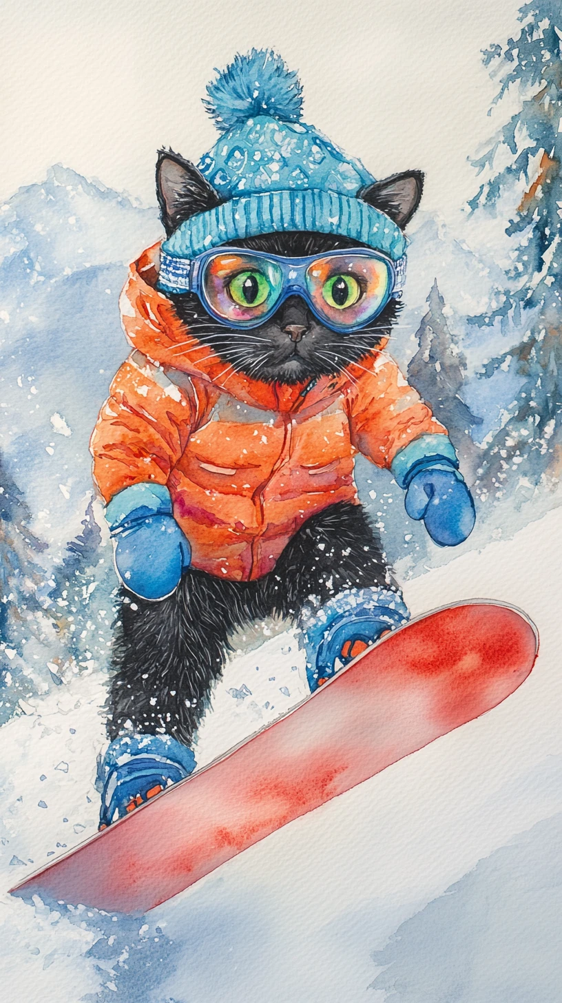 Gatto nero che fa snowboard giù per un pendio di montagna innevato