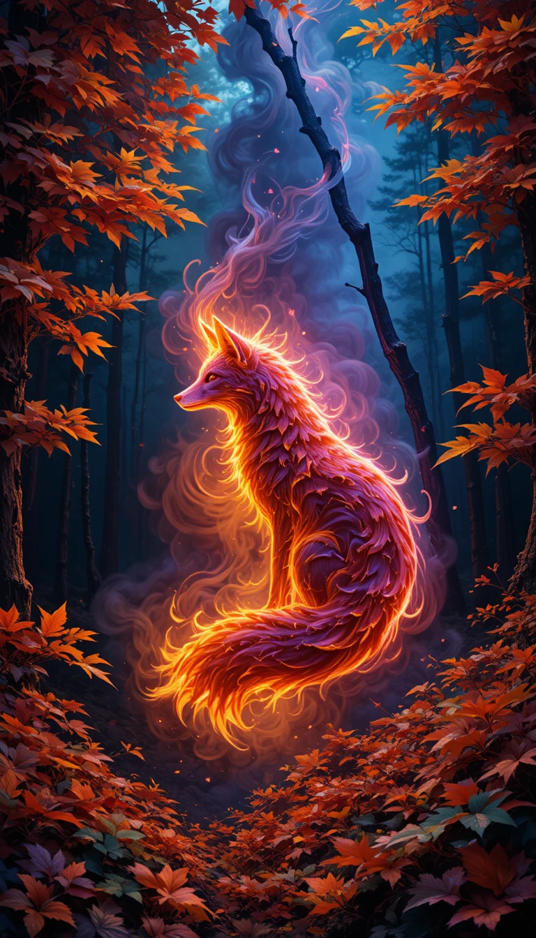 Autumn leaf tornado forming a translucent fox in forest