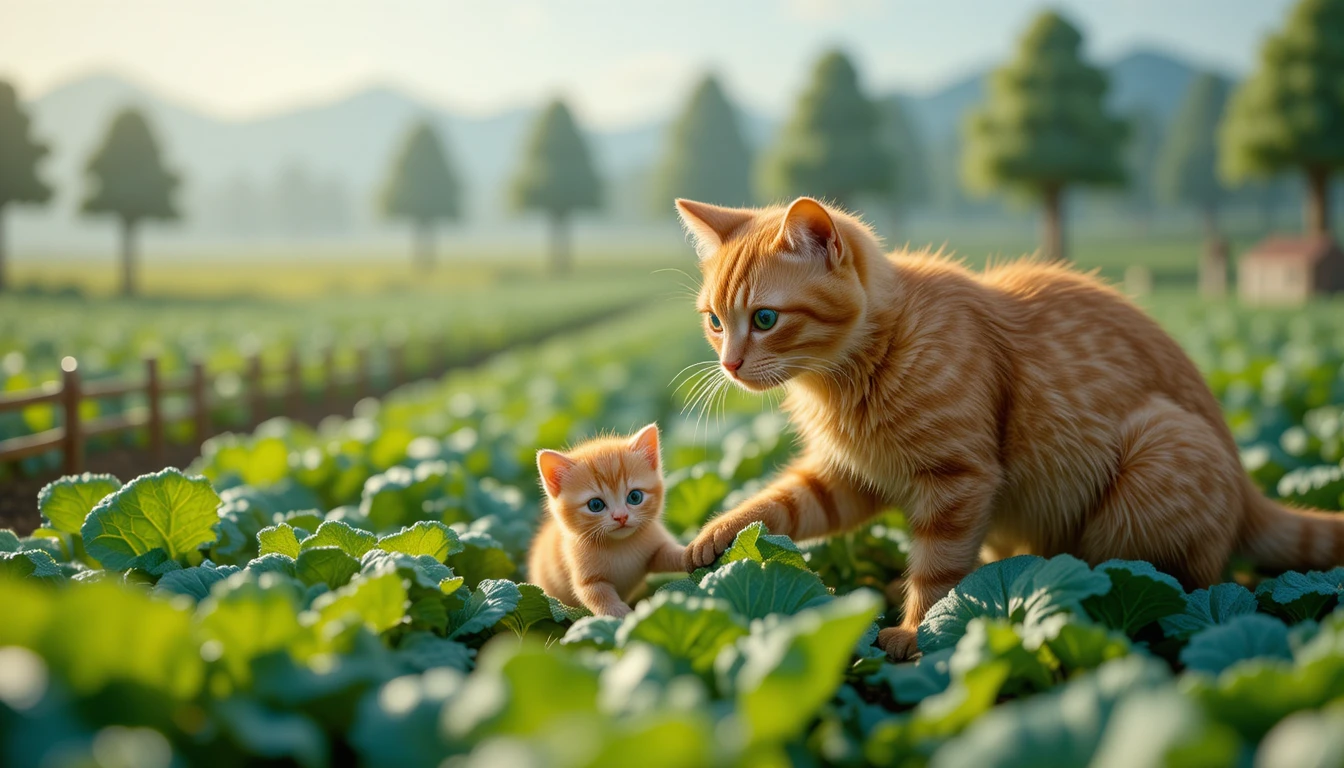 Gatos atigrados naranjas explorando un diminuto campo de coles