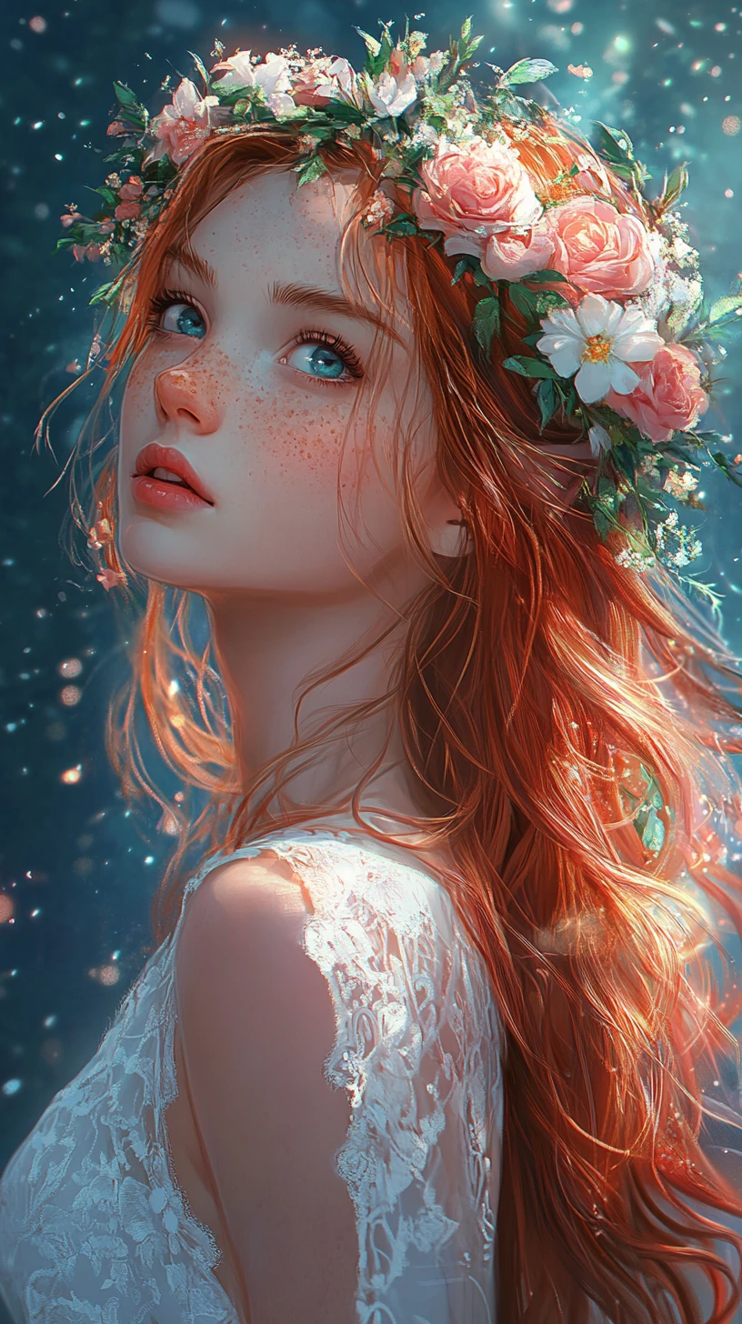 Ragazza anime con corona di fiori sotto un cielo blu stellato