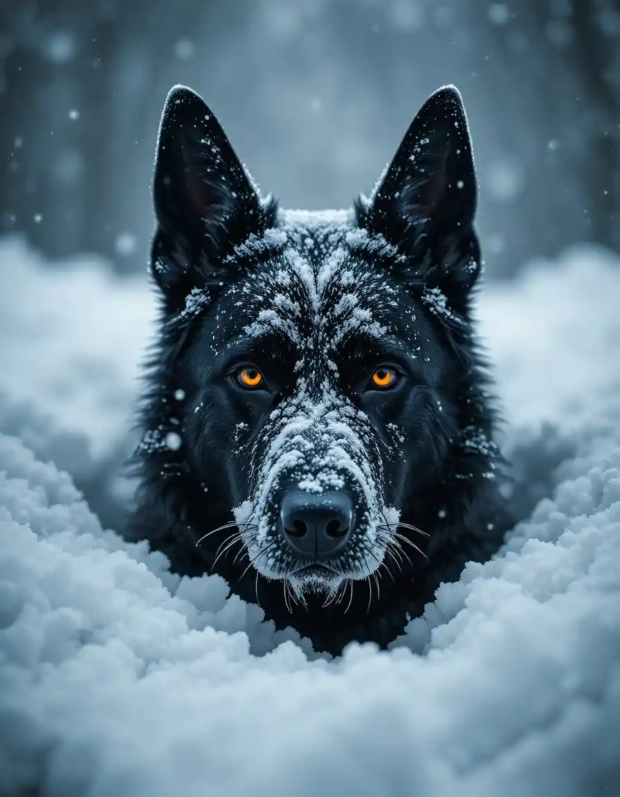 猛吹雪の中、深い雪から現れる黒いジャーマン・シェパード