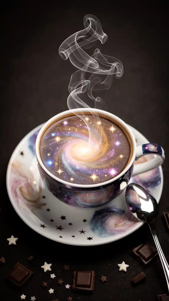 Surrealer kosmischer Latte, der in einer leuchtenden Keramiktasse wirbelt