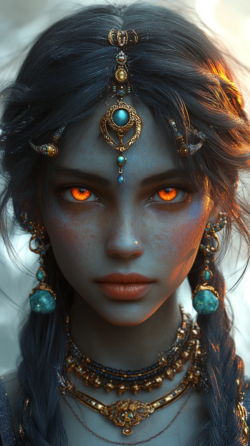 Mystical blue skinned woman with braids and glowing orange eyes