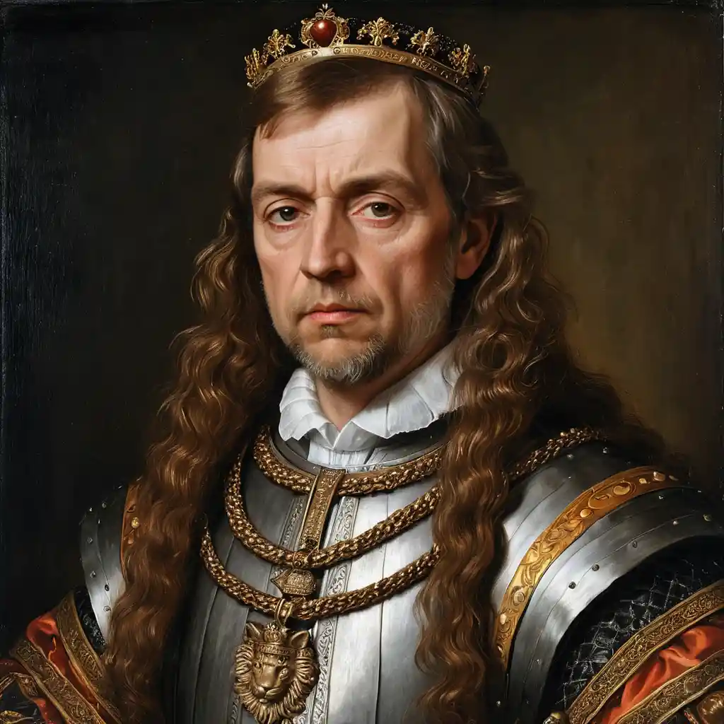 Renaissance portrait of Scottish king with long hair and beard