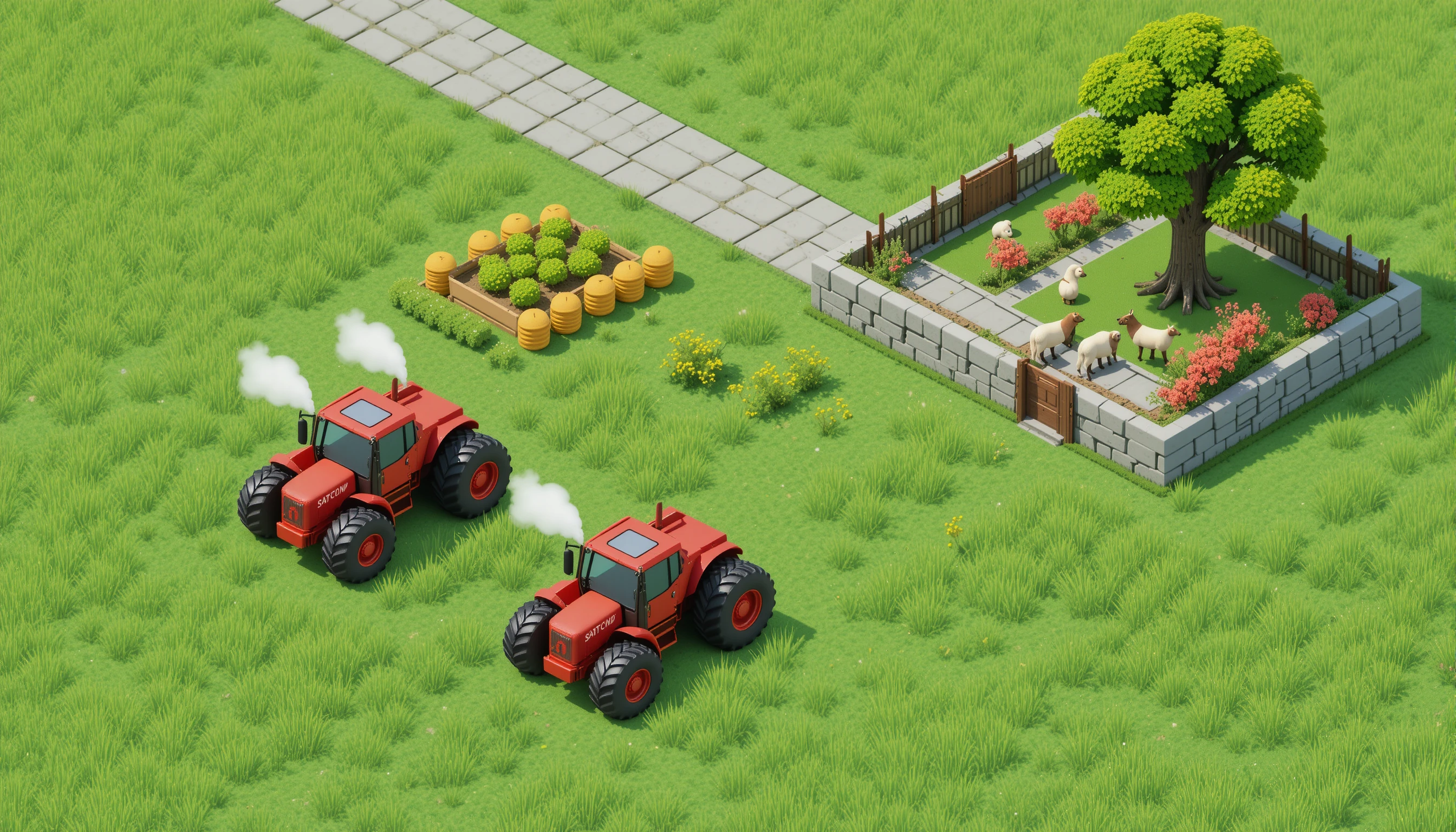 Isometric digital farm with red tractors and animal pens