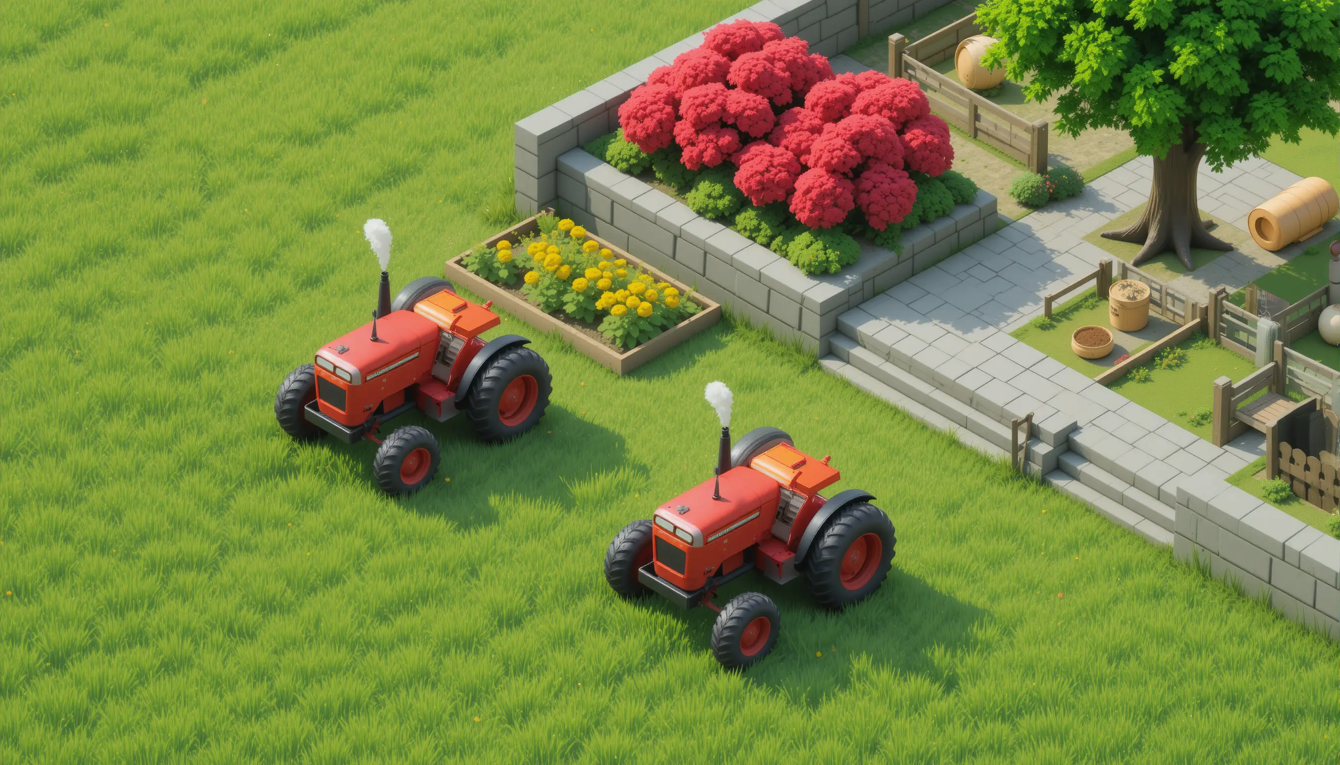 Isometric virtual farm with red tractors and animal pens