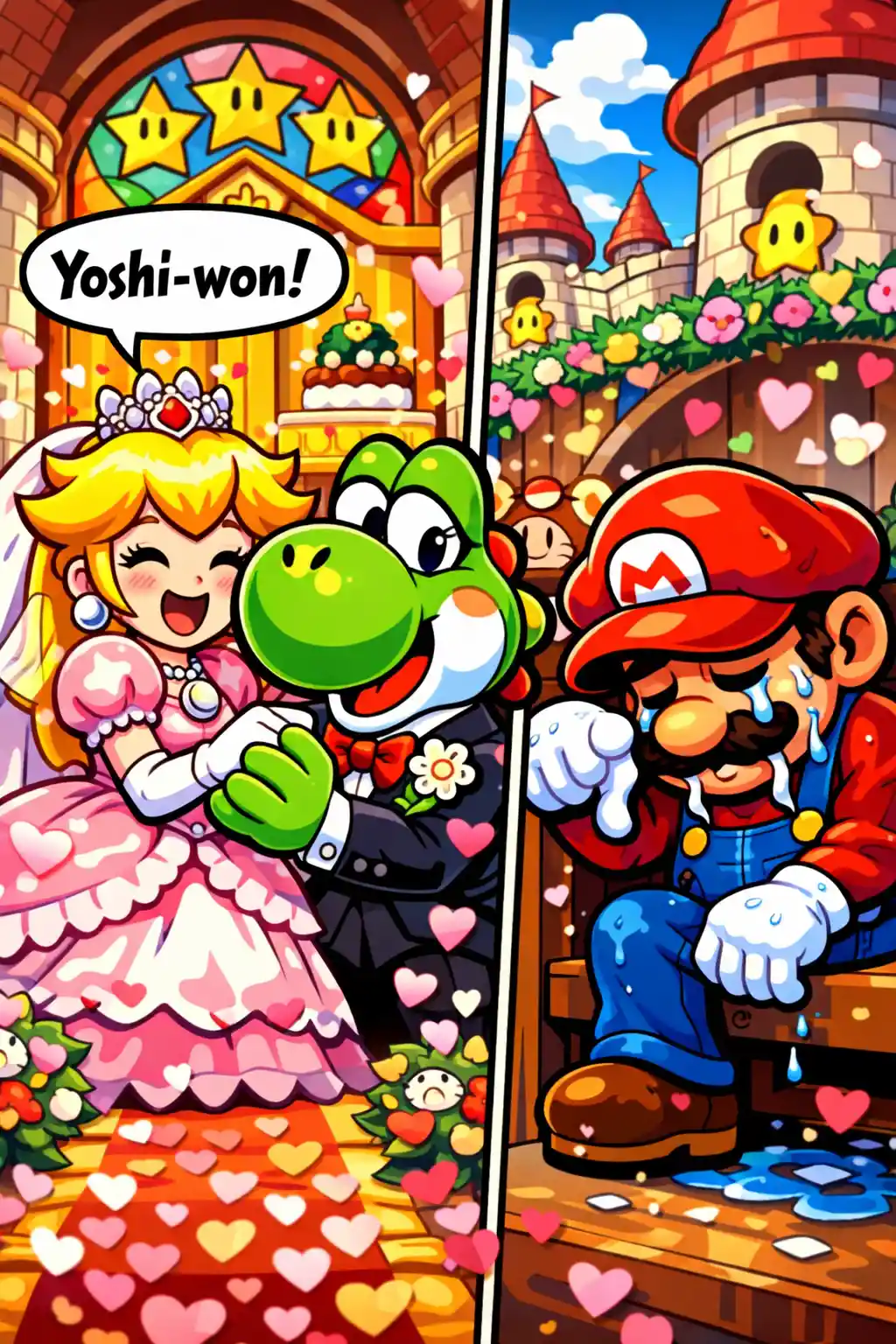 Cartoon wedding kiss between princess bride and dinosaur groom