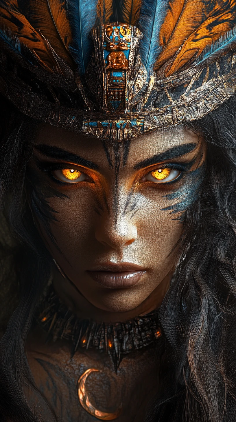 Femme égyptienne mystique aux yeux dorés et lumineux