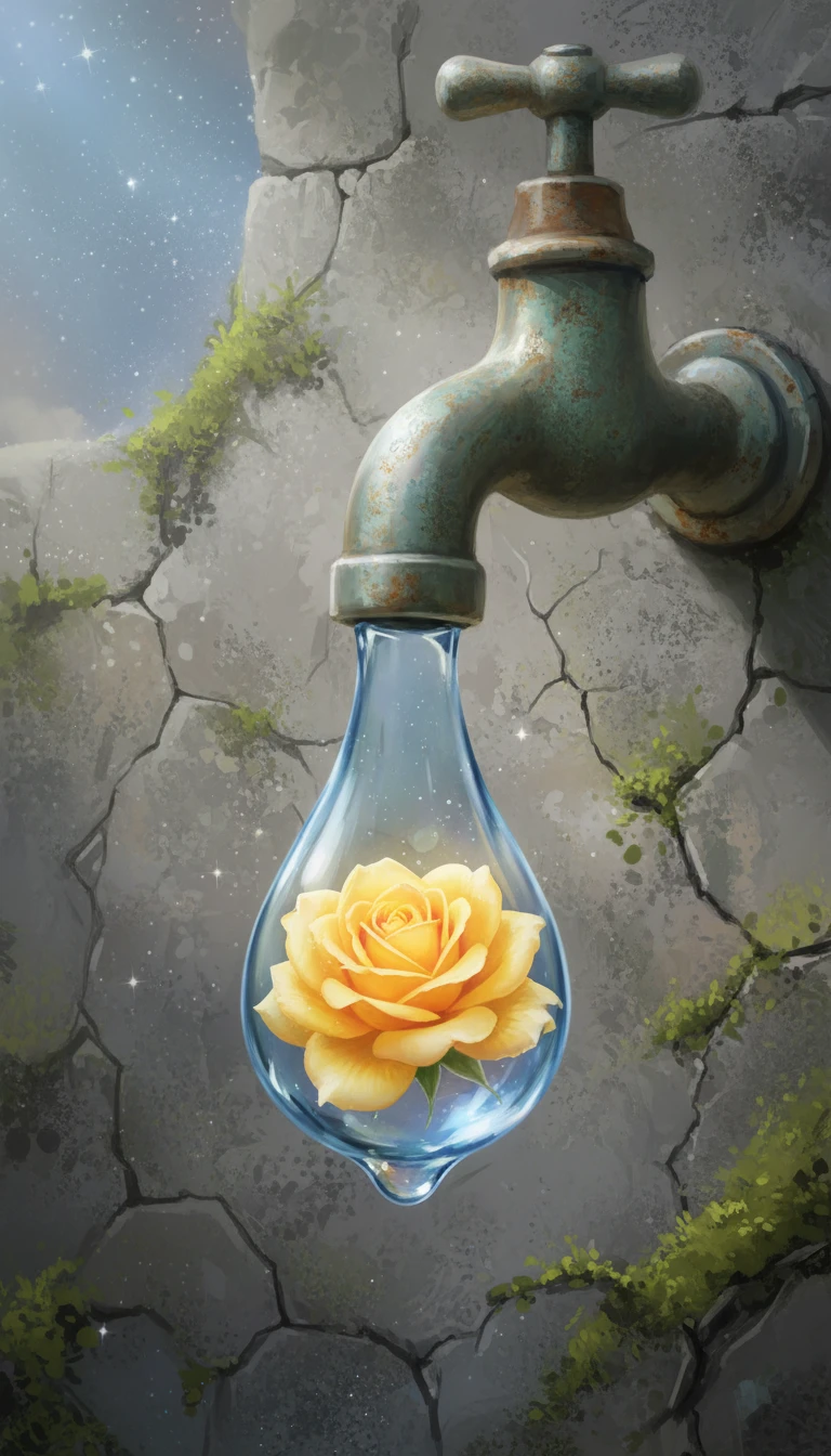 Yellow rose inside a tinted water droplet on faucet