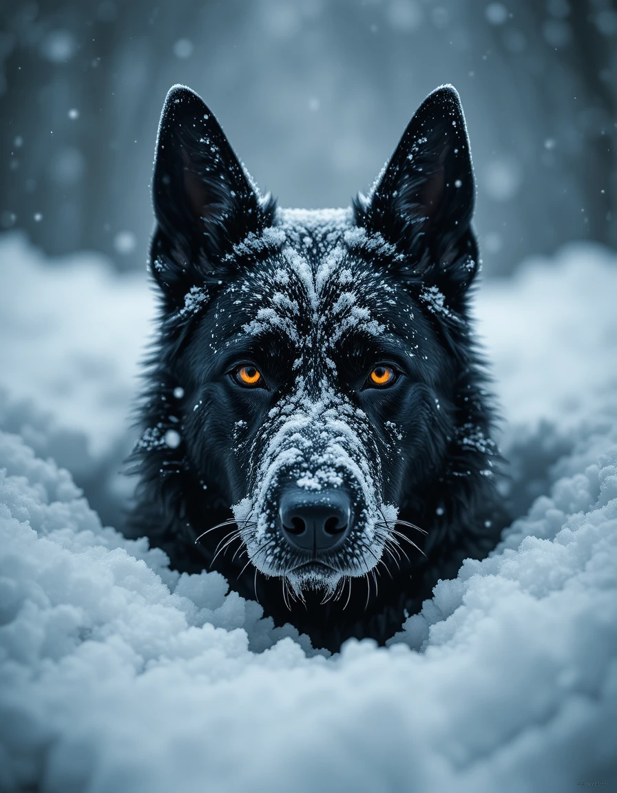Pastor alemán negro emergiendo de la nieve profunda en plena ventisca